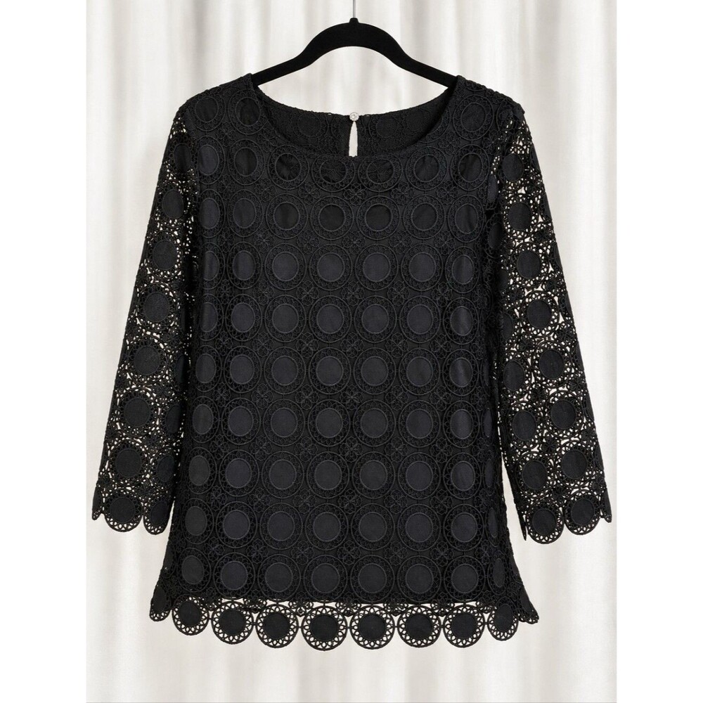 Talbots Versatile Black Medallion Scalloped Lace Overlay 3/4 Sleeves Chic Blouse